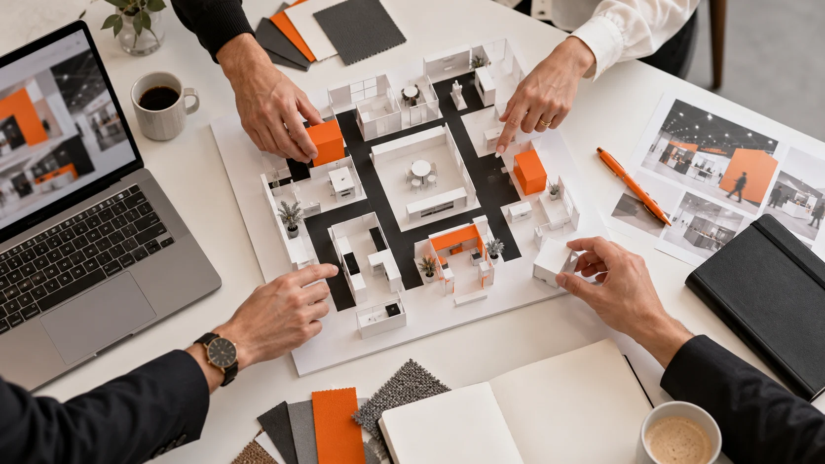Campaign planners arranging an exhibition floor model — illustration