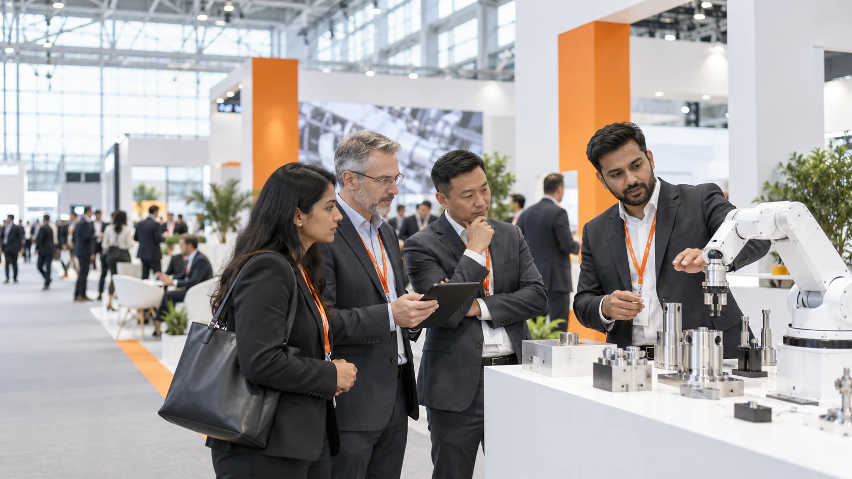 Trade visitors discussing an industrial demonstration — B2B illustration