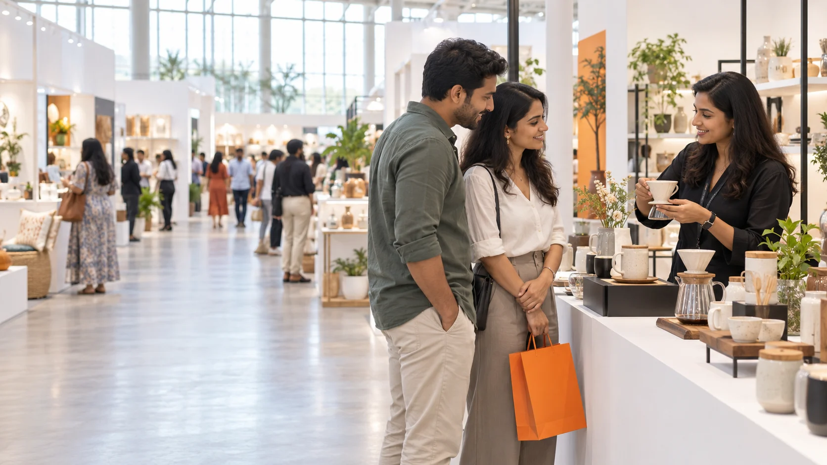 Consumers exploring products at a lifestyle exhibition — B2C illustration