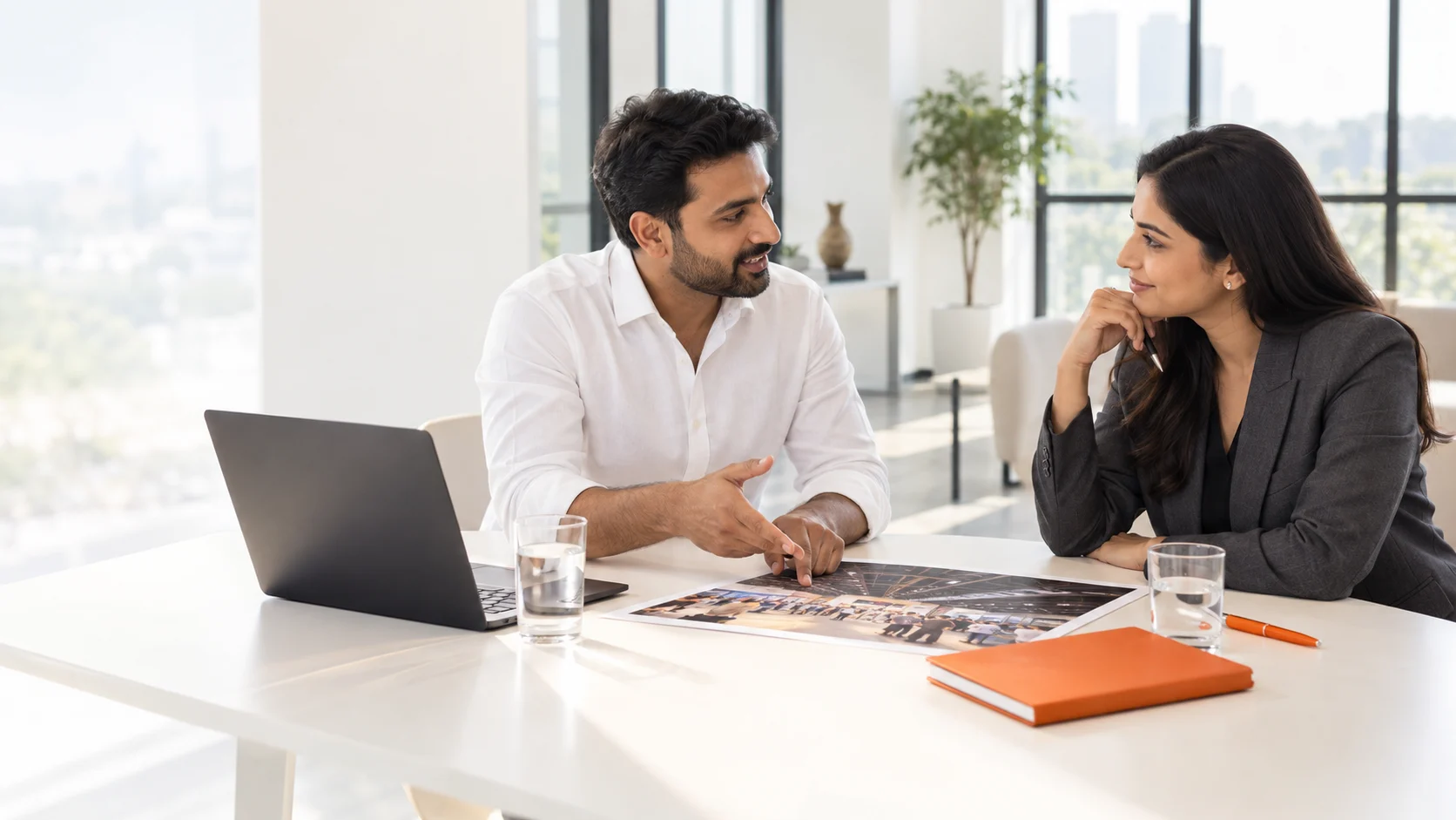 Organiser and campaign specialists discussing an exhibition brief — illustration